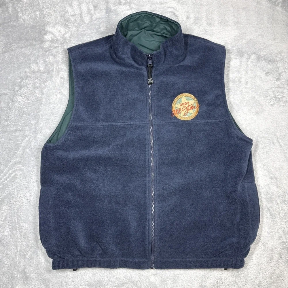 Vintage Whole Foods Vest Medium Green Blue Reversible Midwest Allstar 2003